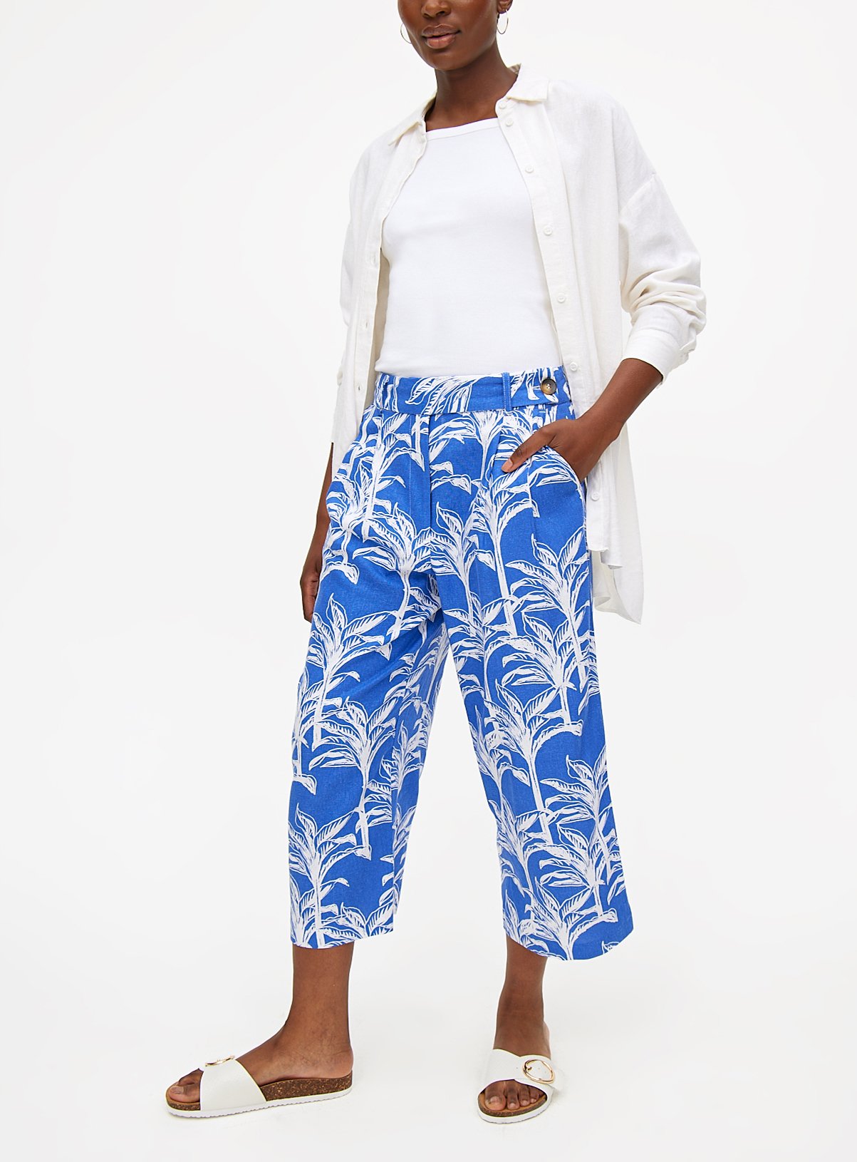 Blue Linen Blend Cropped Coord Palm Print Trousers 