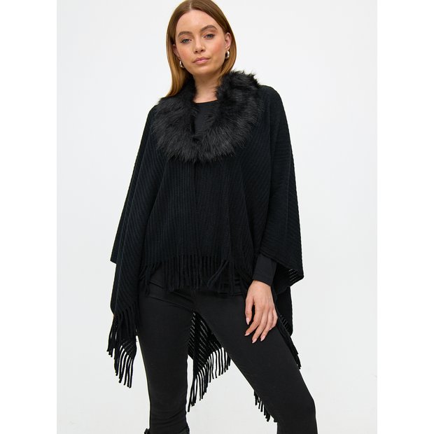 Buy Black Faux Fur Collar Cape One Size null Tu