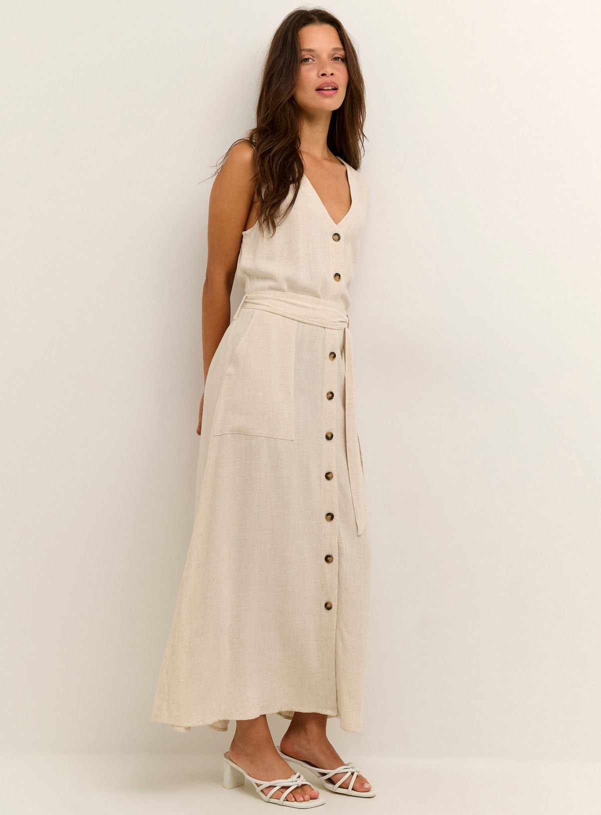 KAFFE Liny Sleeveless Belted Shirt Dress Beige