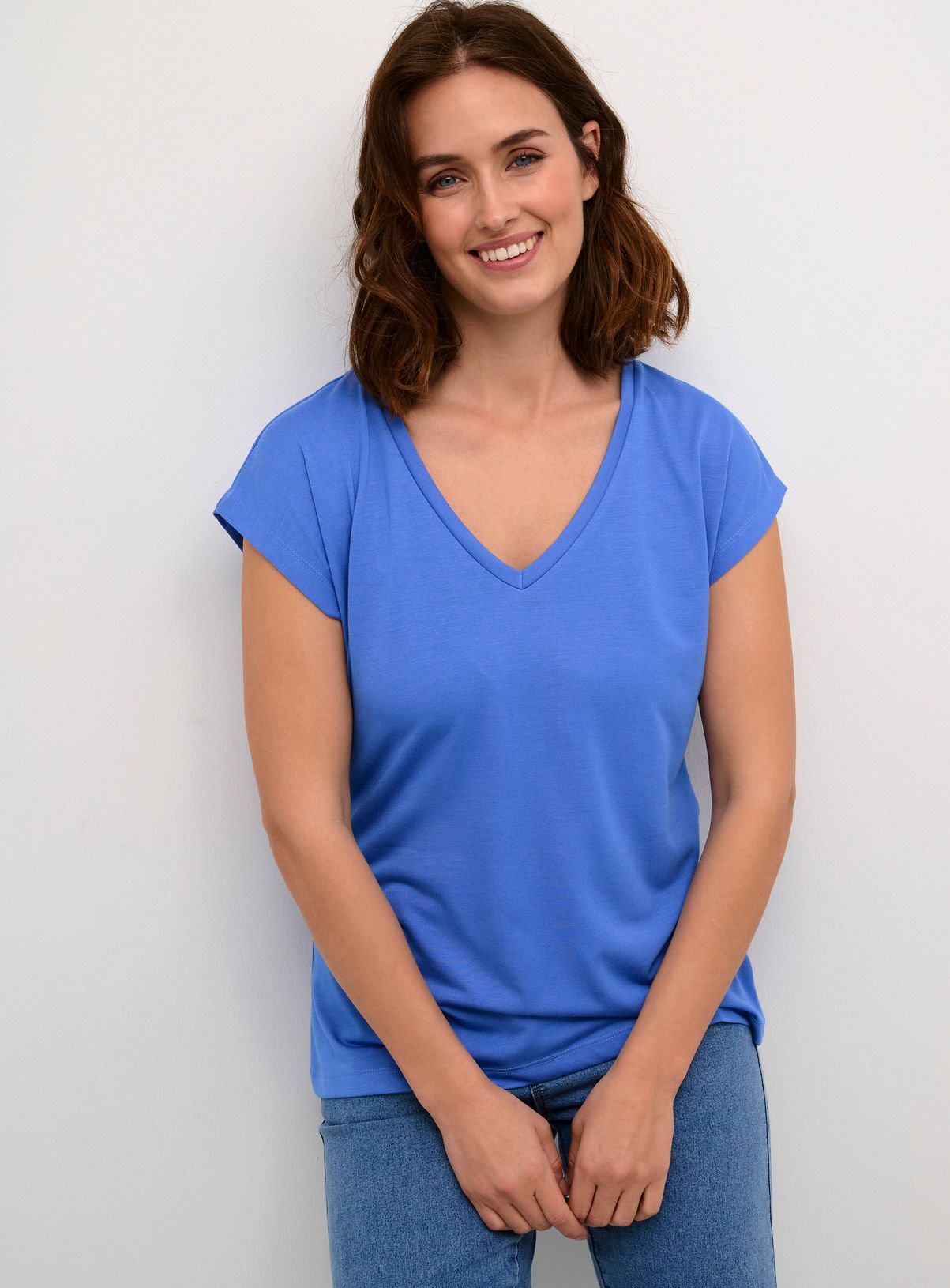 KAFFE Lise V Neck Short Sleeve T Shirt Blue 