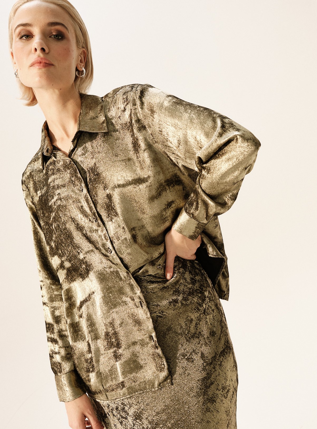Gold Crushed Satin Relaxed Long Sleeve Shirt 
