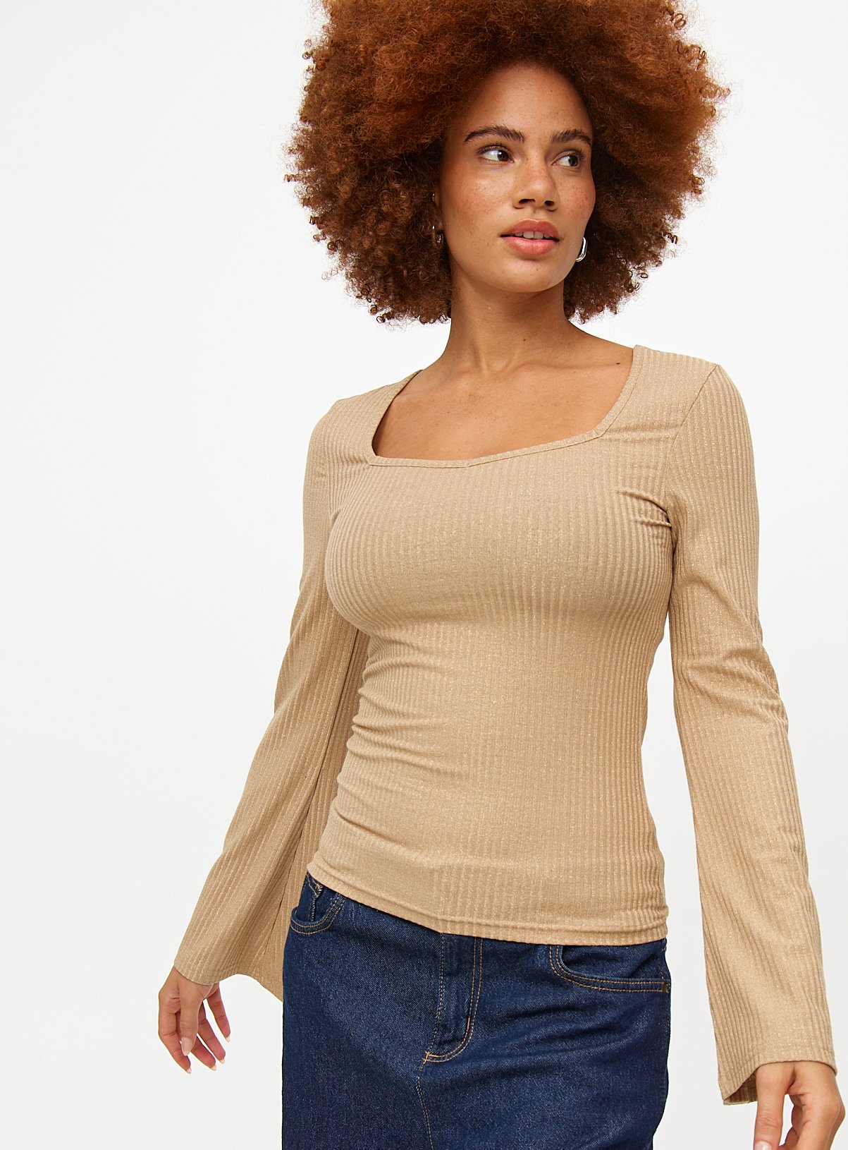 Gold Shimmer Sweetheart Neck Long Sleeve Top  