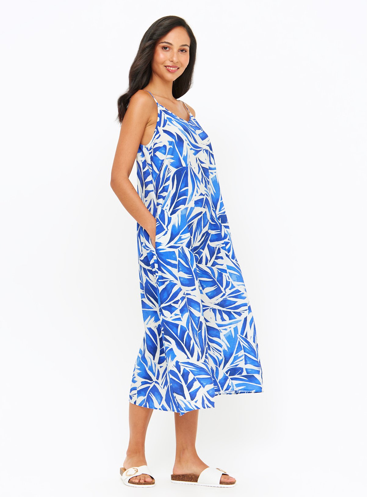 Blue Leaf Print Strappy Cami Midaxi Dress 