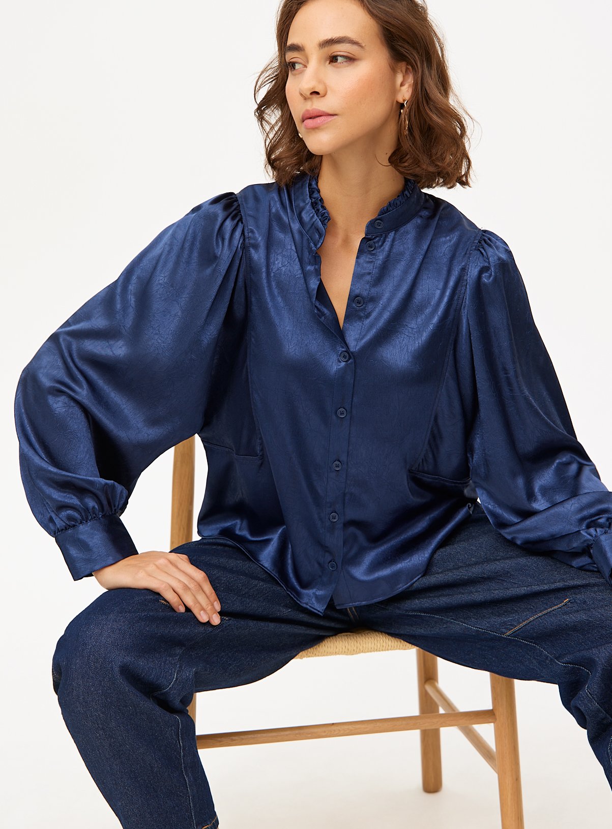 Navy Satin High Neck Long Sleeve Blouse 12