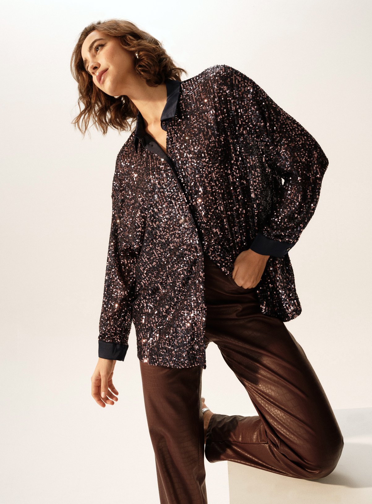 Purple Two-Tone Sequin Embellished Long Sleeve Shirt 