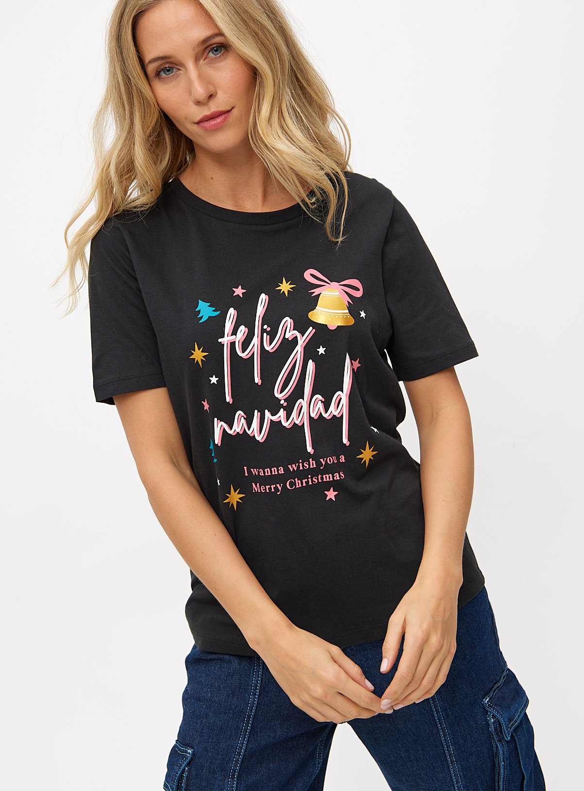Christmas Feliz Navidad Slogan Graphic T-Shirt 