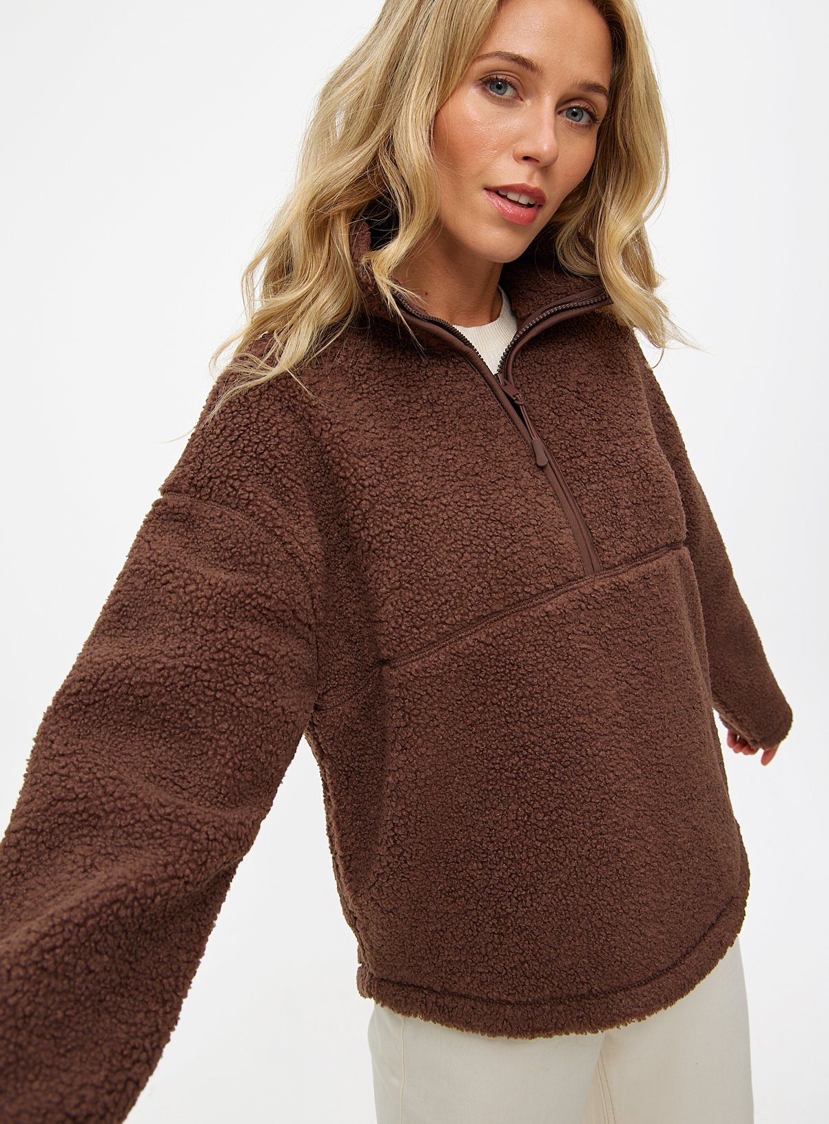 Chocolate Brown Quarter-Zip Borg Fleece Jumper S