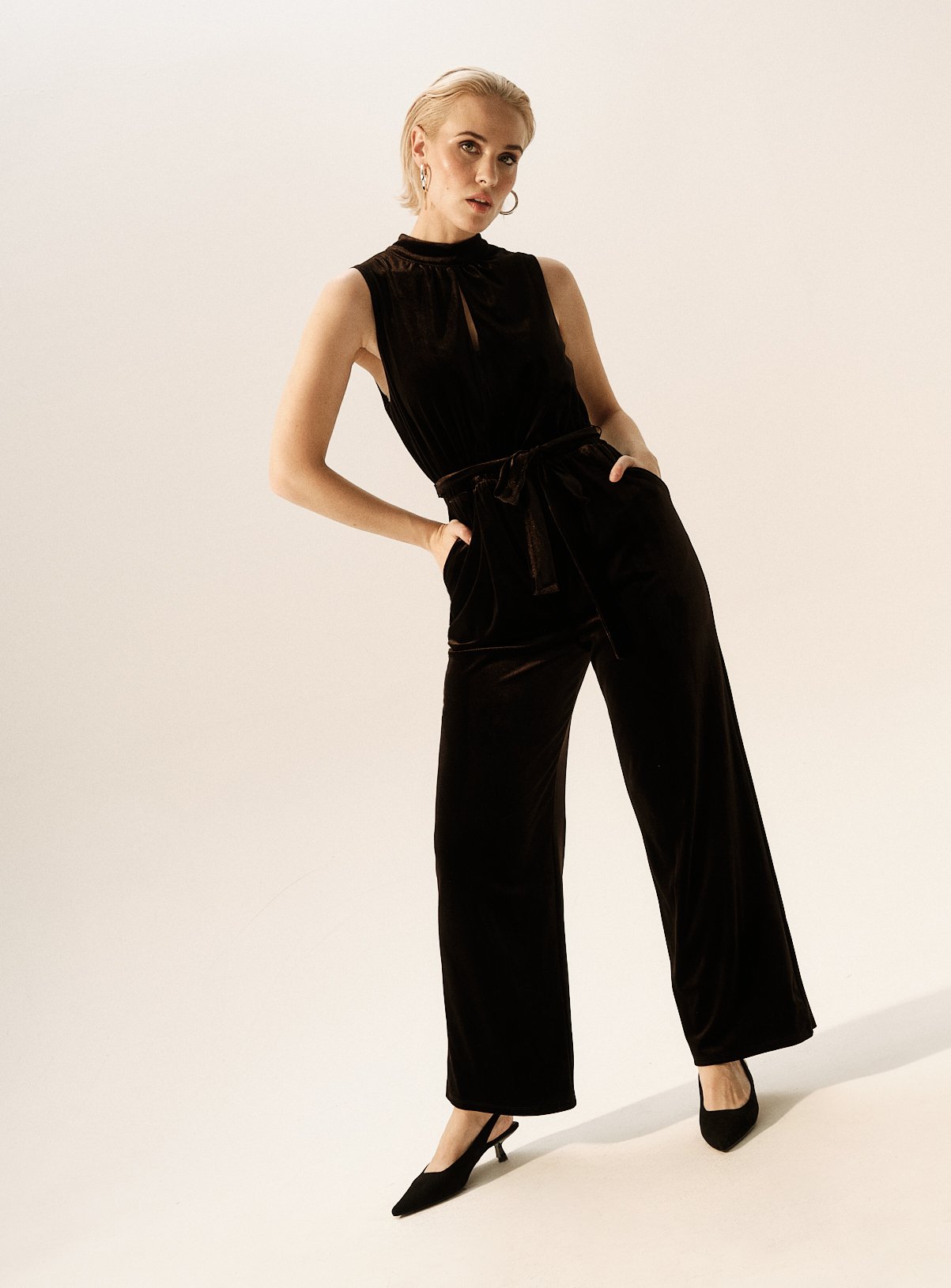 Black High Neck Wide-Leg Velvet Jumpsuit 