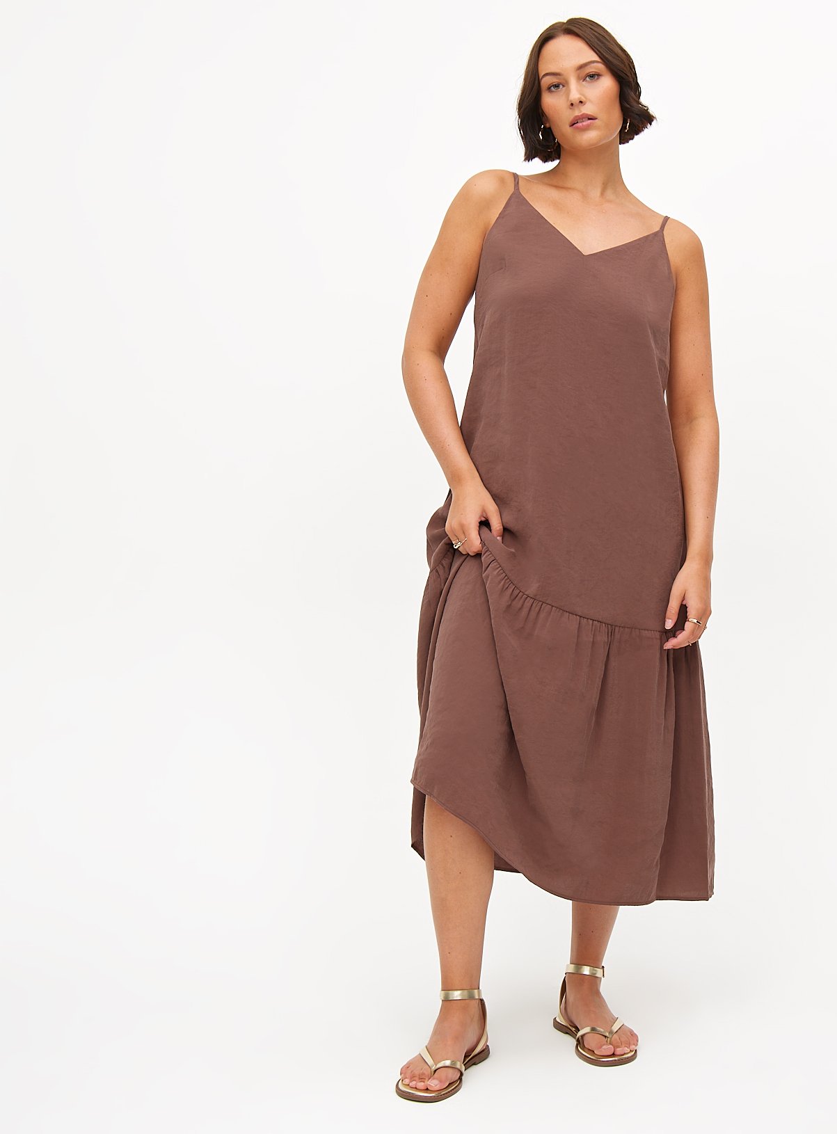 Brown Tiered Strappy Midaxi Dress 