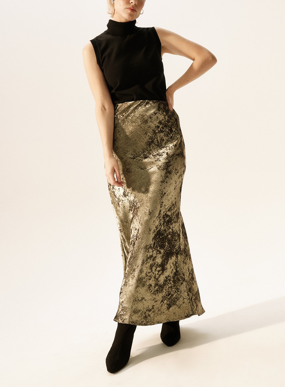 Gold Crushed Satin Column Midi Skirt 