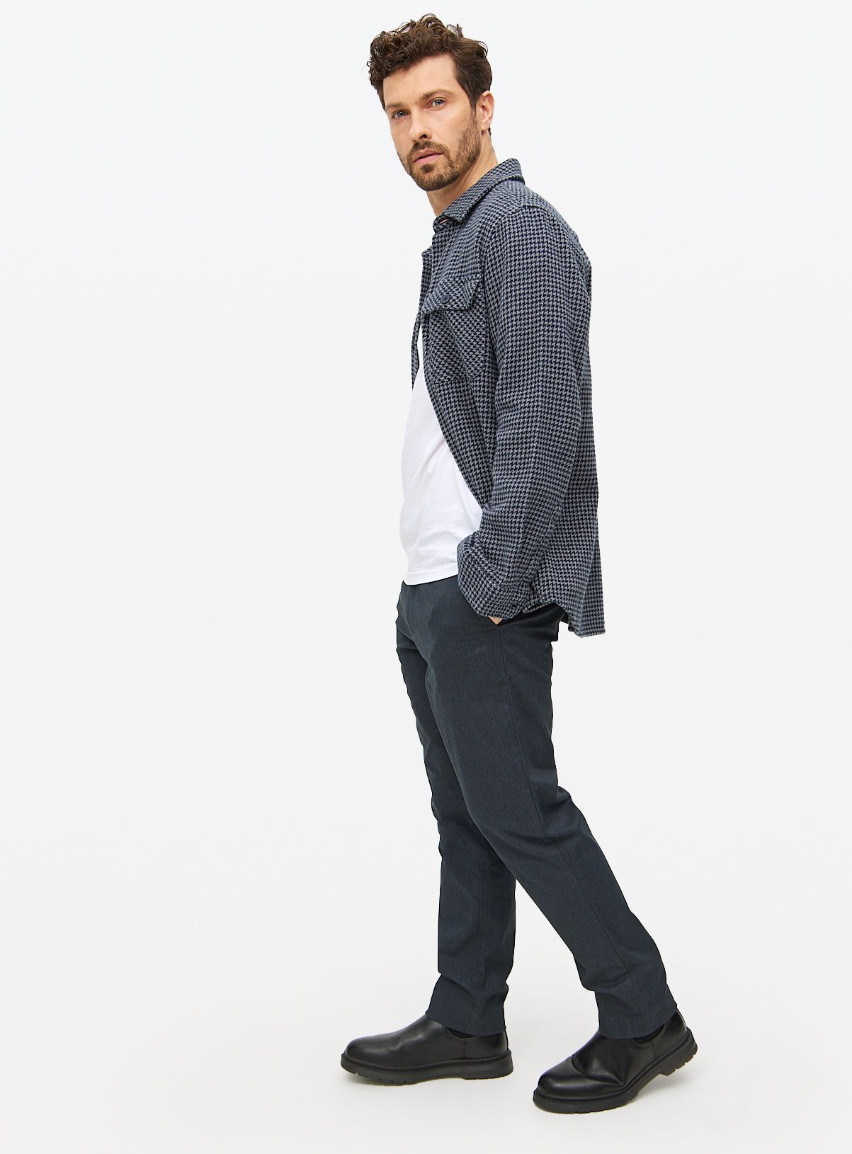 Navy Herringbone Straight Leg Trousers  