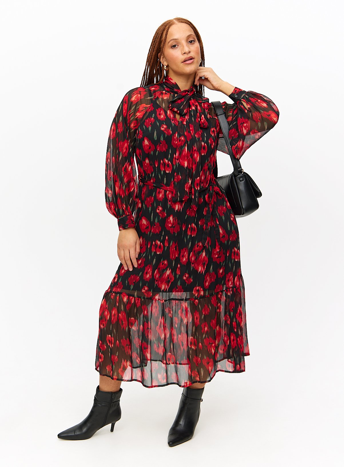 Rose Printed Tie-Neck Long Sleeve Midaxi Dress 20