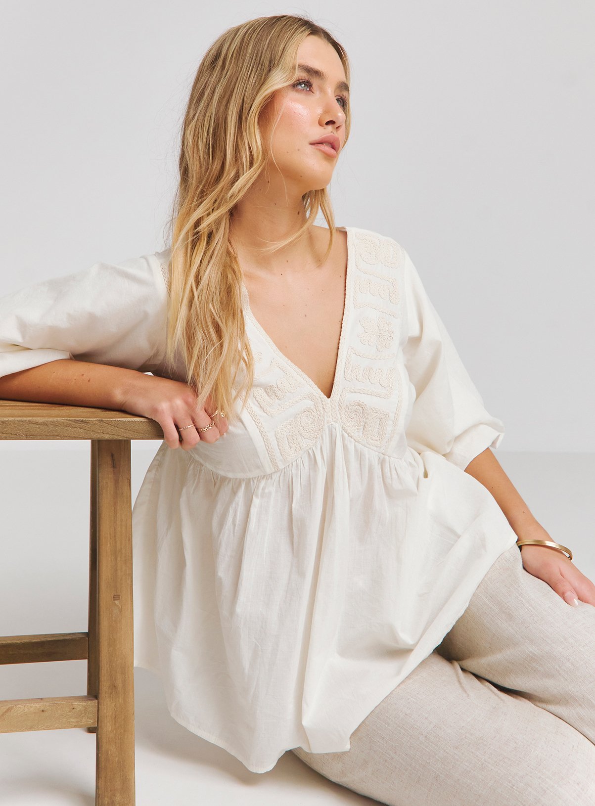 SIMPLY BE Embroidered Puff Sleeve V Neck Smock Top 