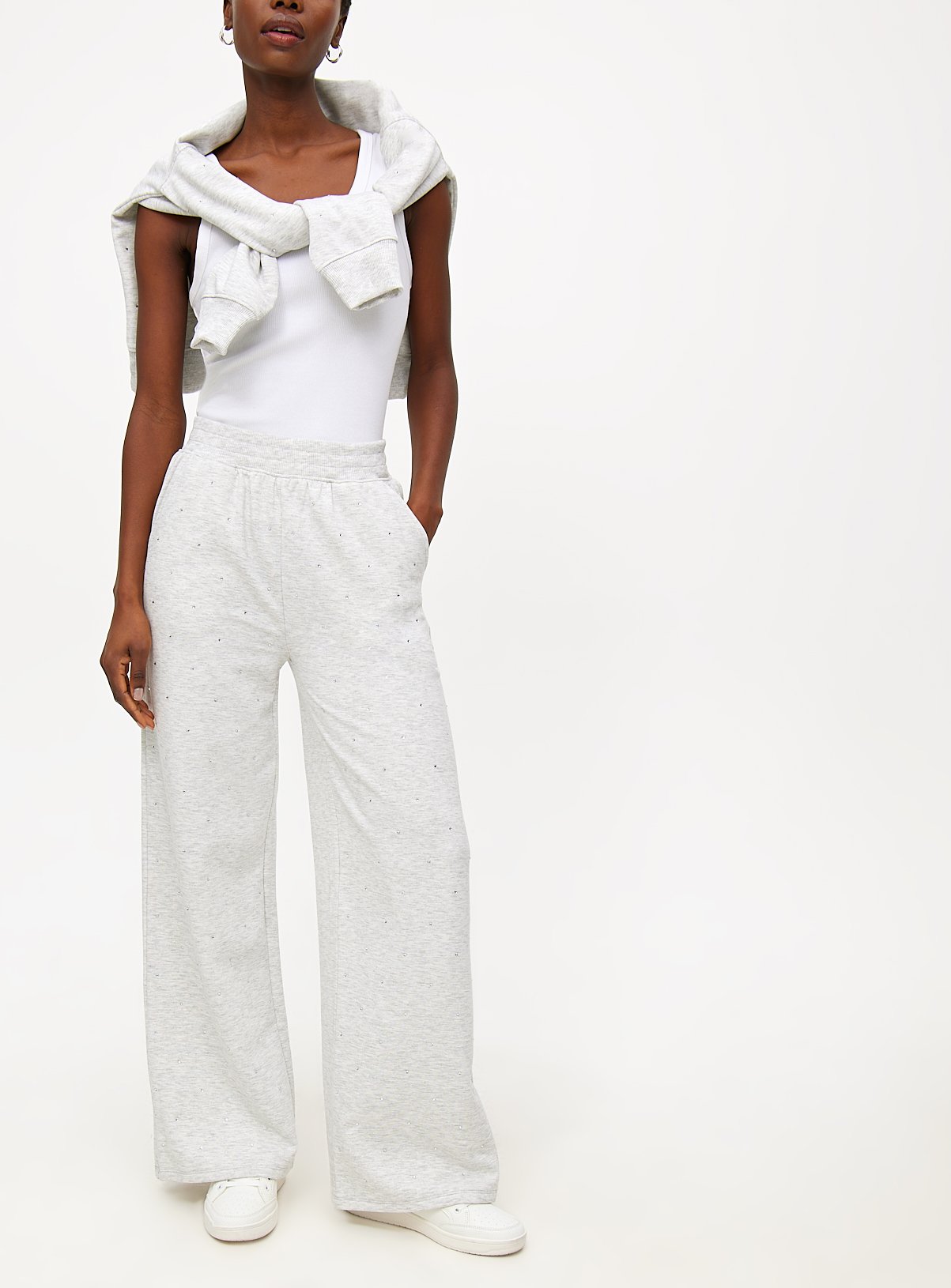 Grey Marl Diamante Wide Leg Coord Joggers L