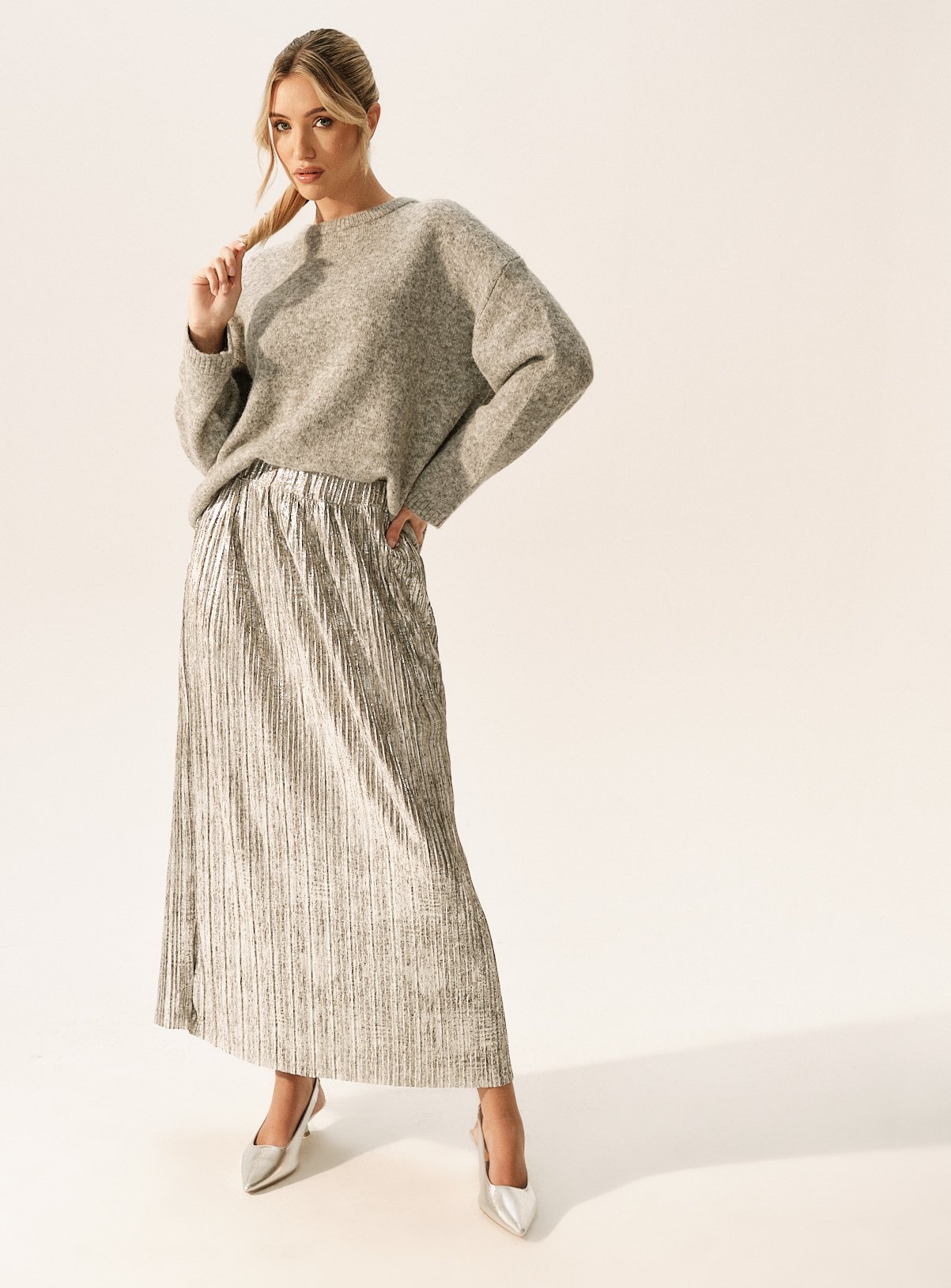 Metallic Silver Pleated Maxi Skirt  