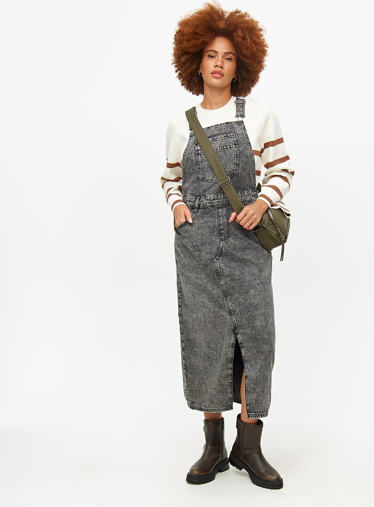 Grey Washed Denim Midi Pinafore Dress 