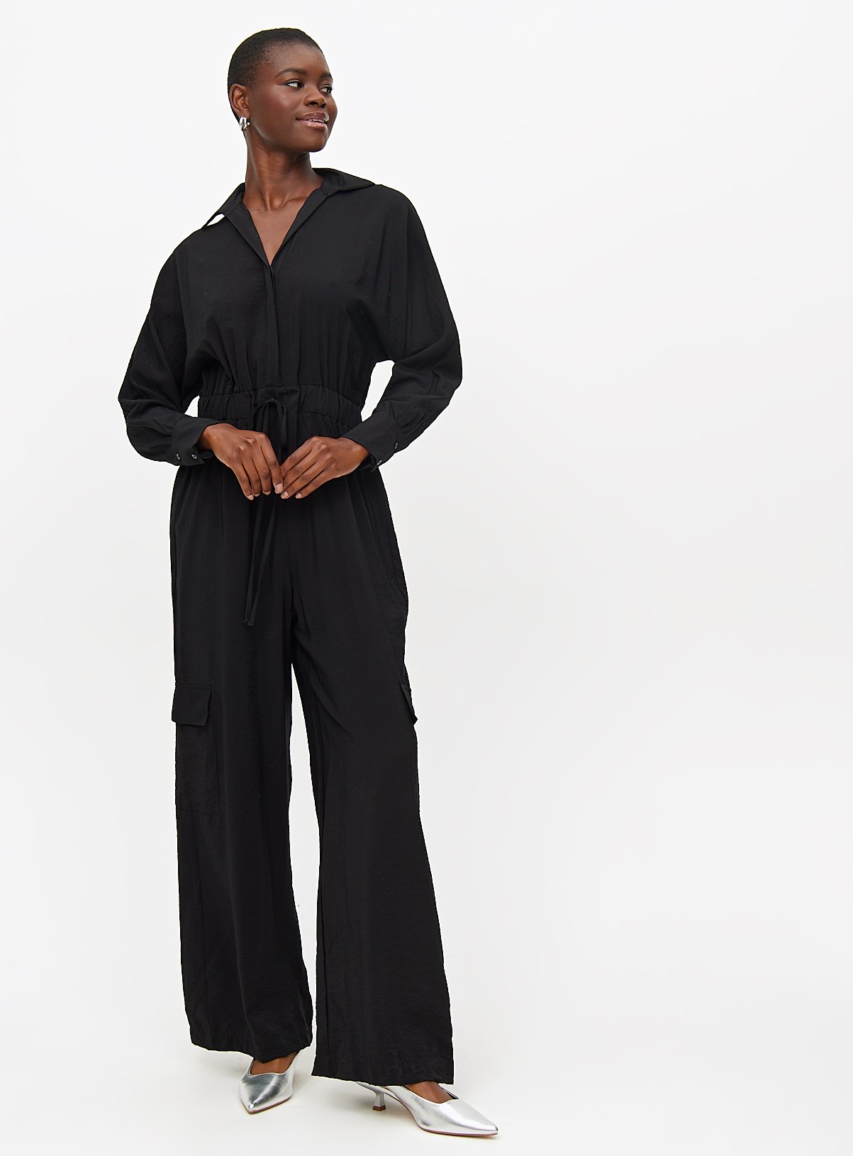 Black Long Sleeve Utility Jumpsuit  