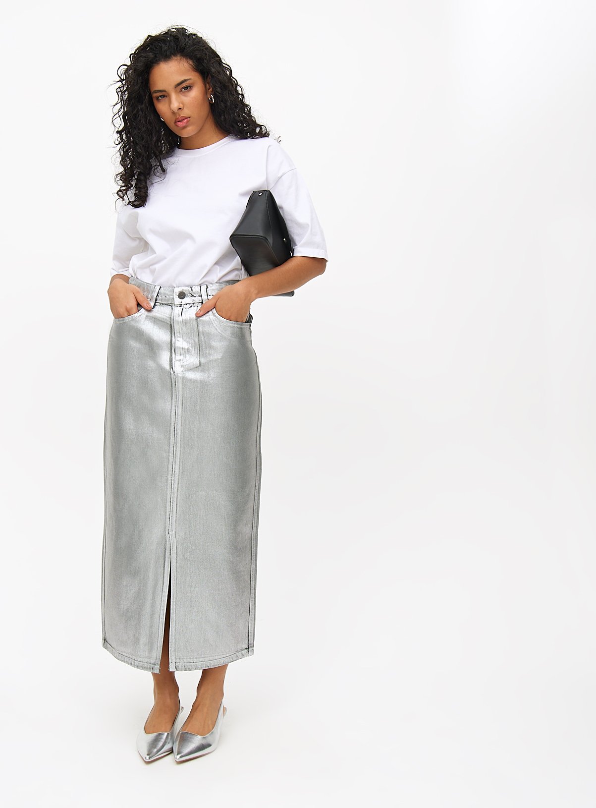 Silver Coated Midaxi Column Denim Skirt