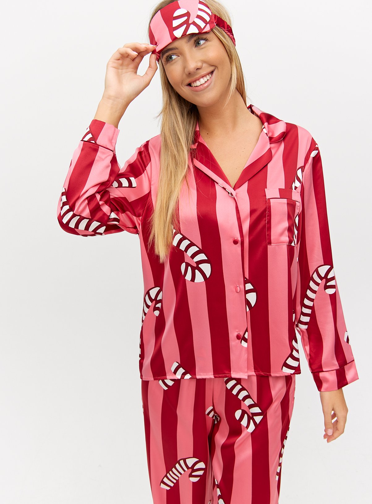Mini Me Women's Pink Striped Candy Cane Traditional Satin Pyjamas & Eye Mask Set