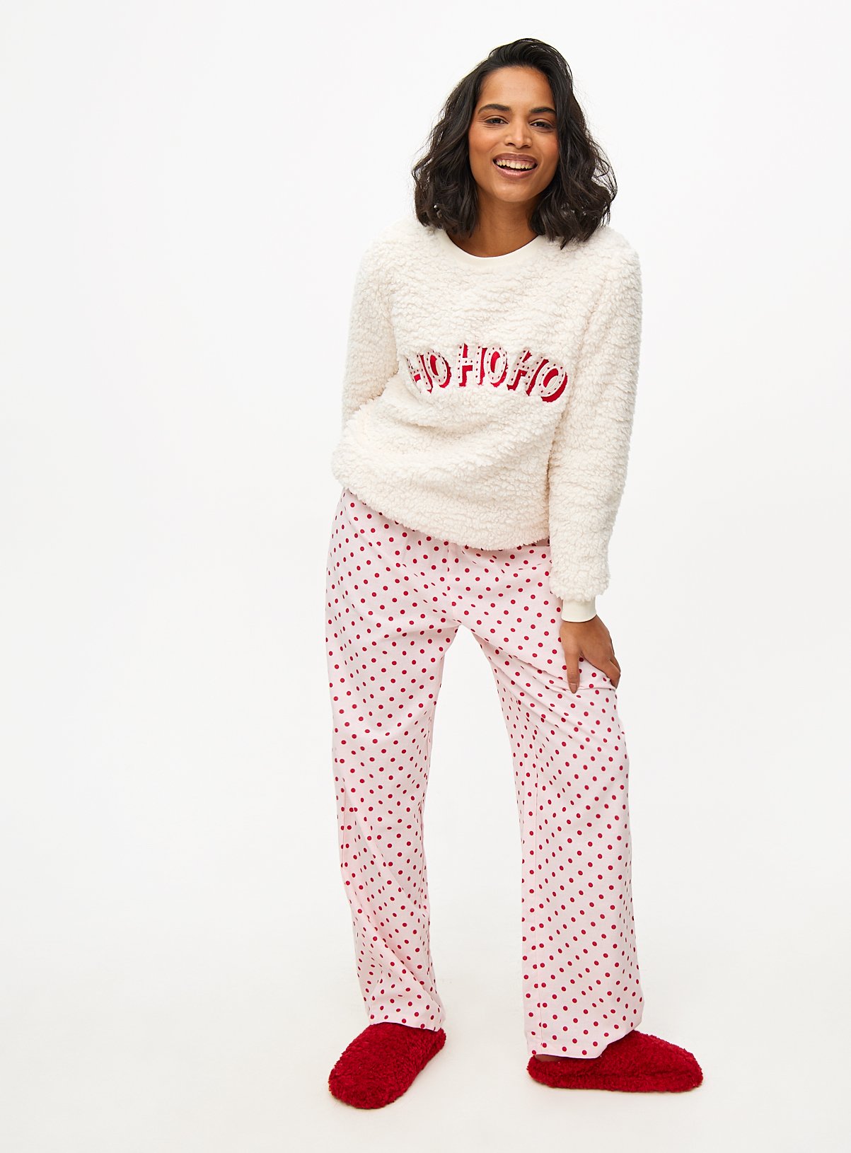 Christmas Slogan Borg Fleece & Pink Spot Print Pyjamas 