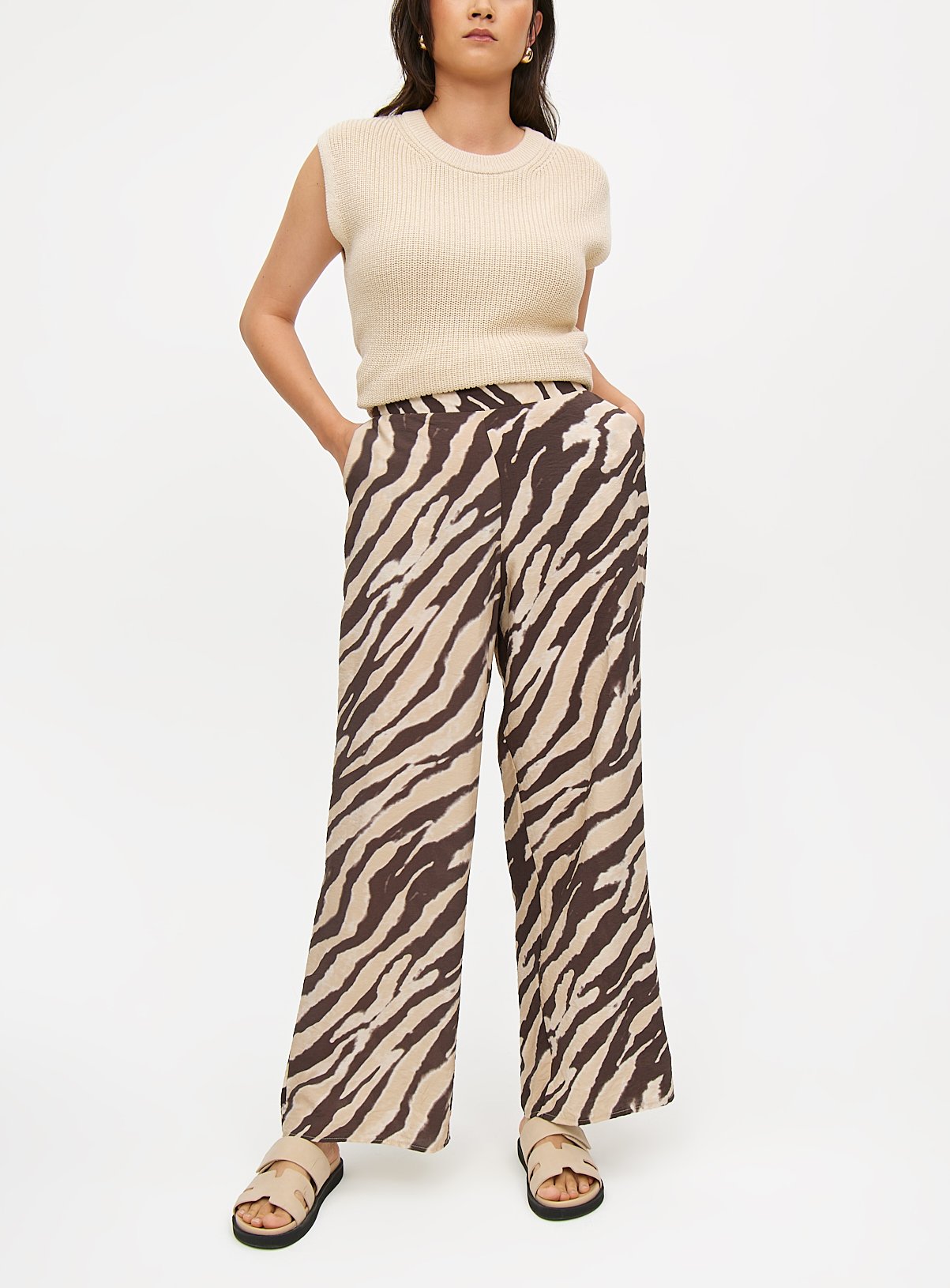 Brown Zebra Print Wide Leg Trousers 