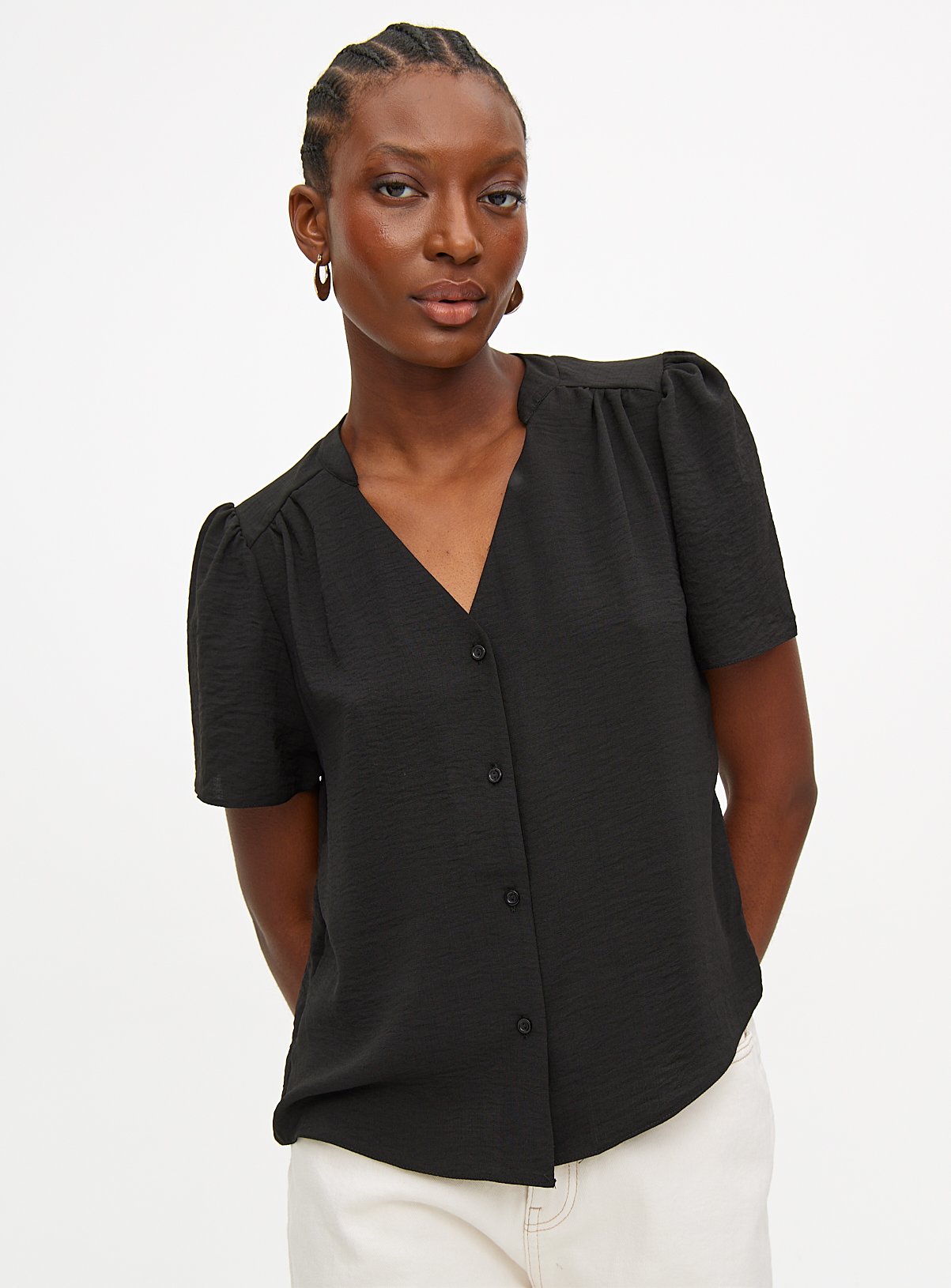 Black V Neck Button Through Blouse 20