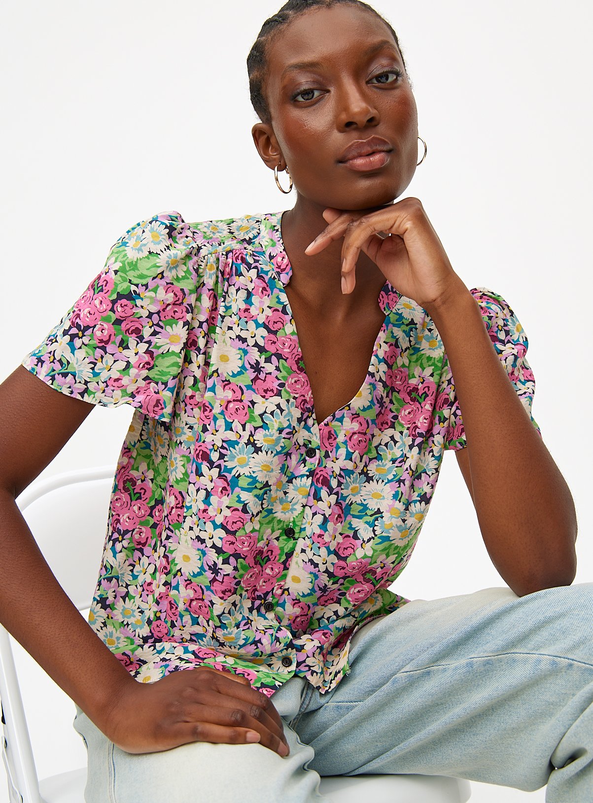 V Neck Button Through Blouse 