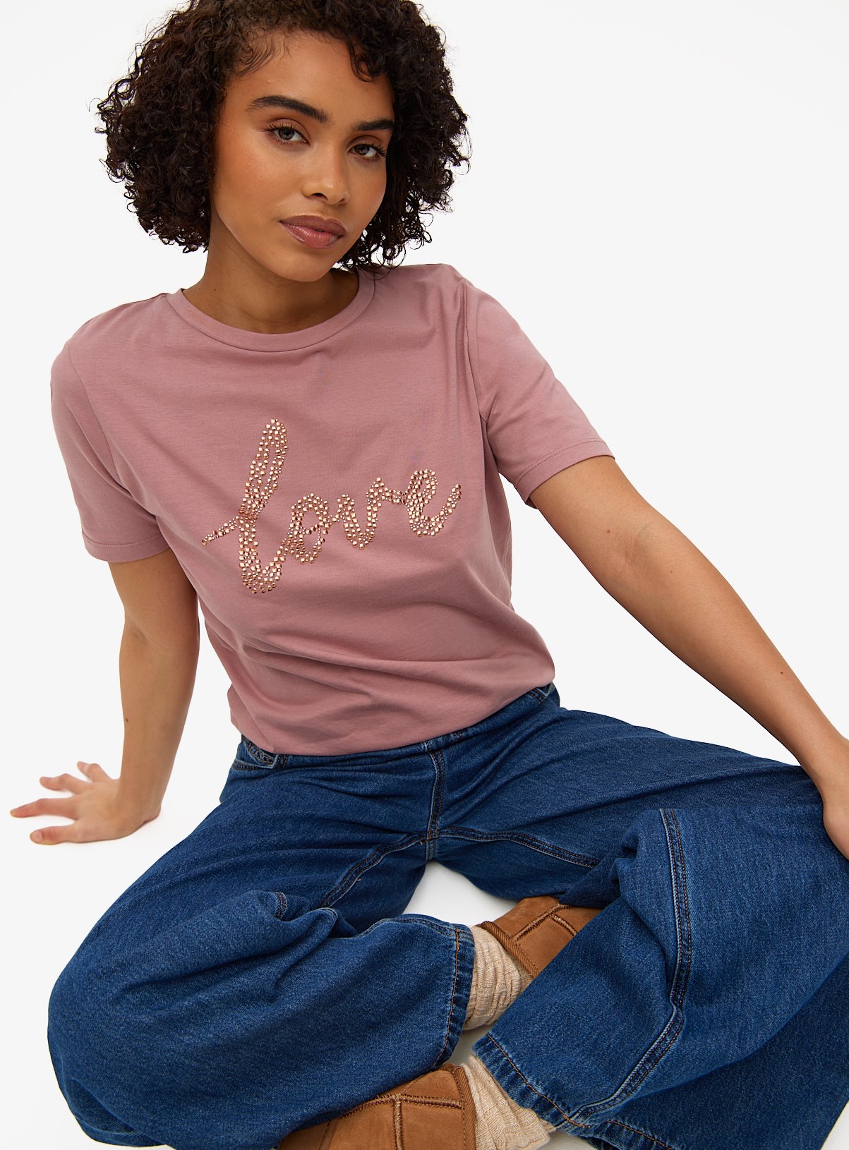 Pink Hotfix Love Slogan T-Shirt 