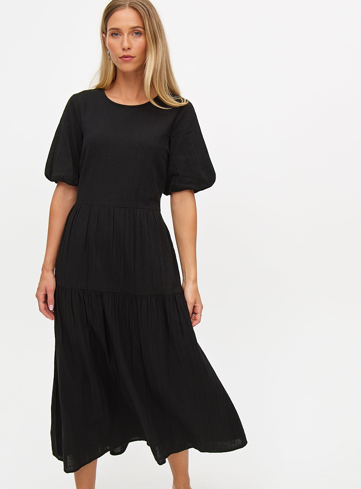 Black Textured Puff Sleeve Midaxi Dress 20