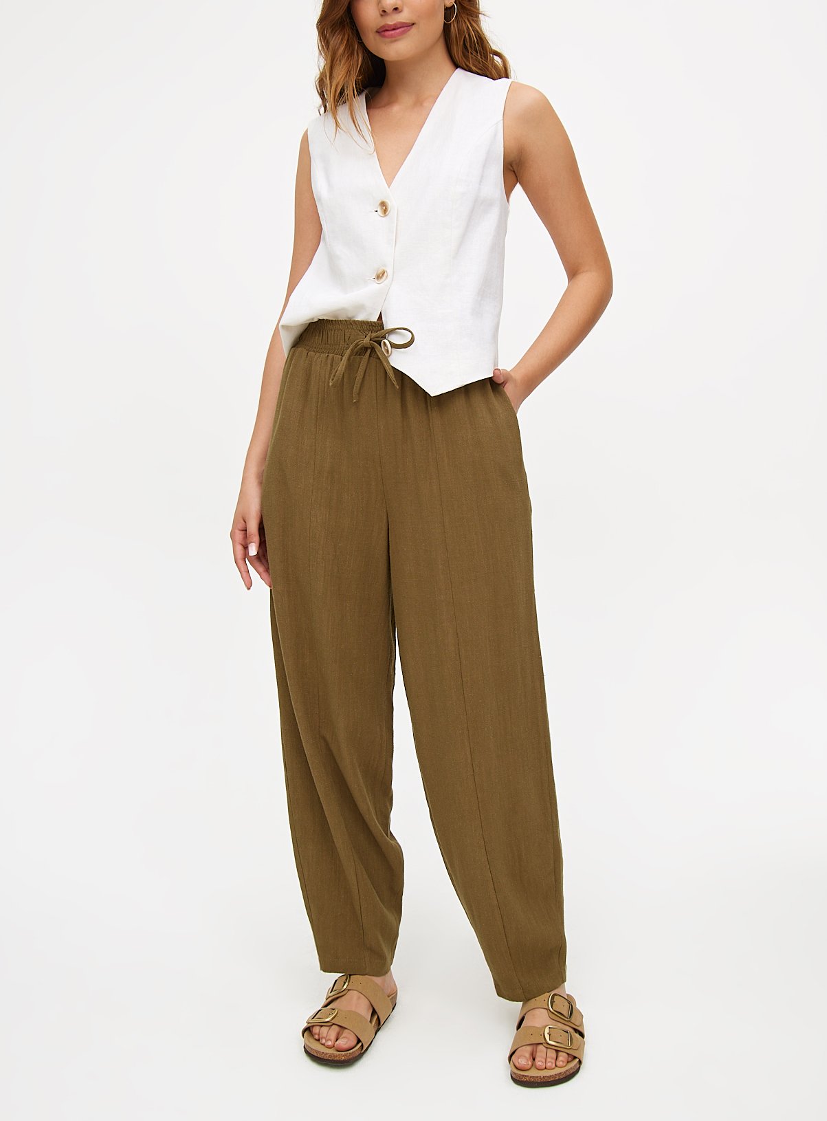 Linen Blend Barrel Leg Trousers 