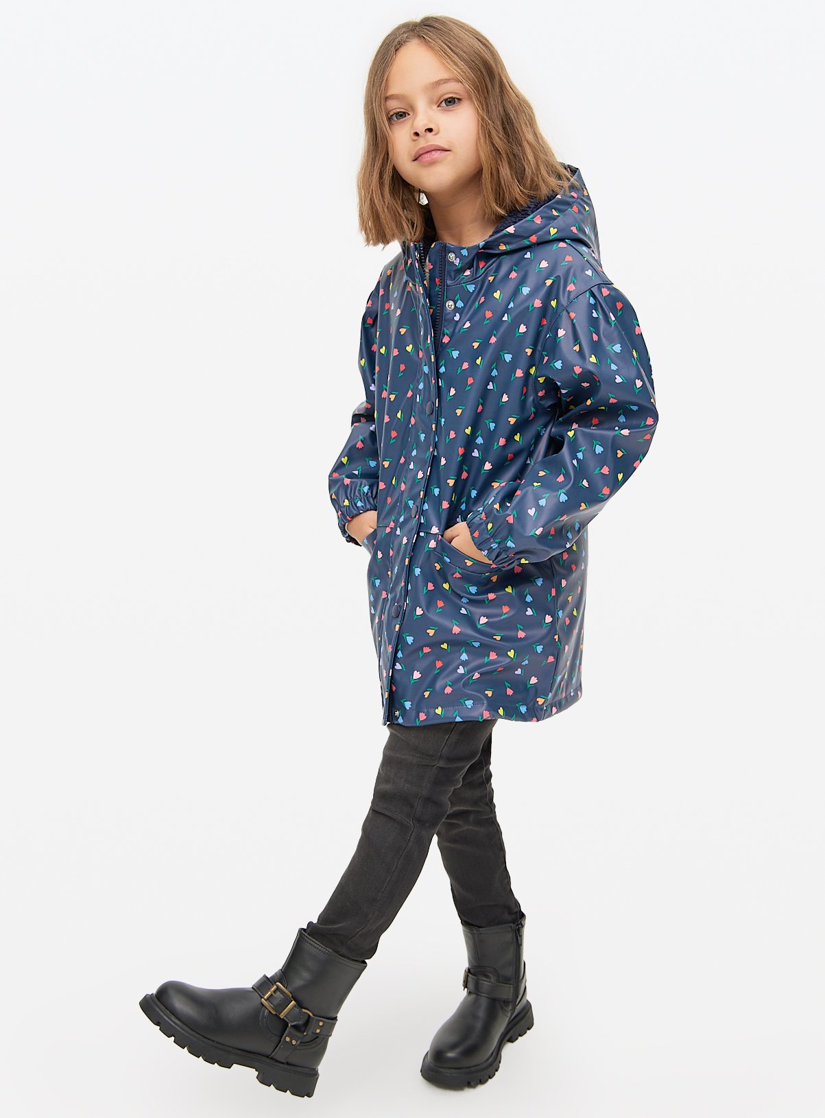 Navy Tulip Print Rubberised Mac Coat 