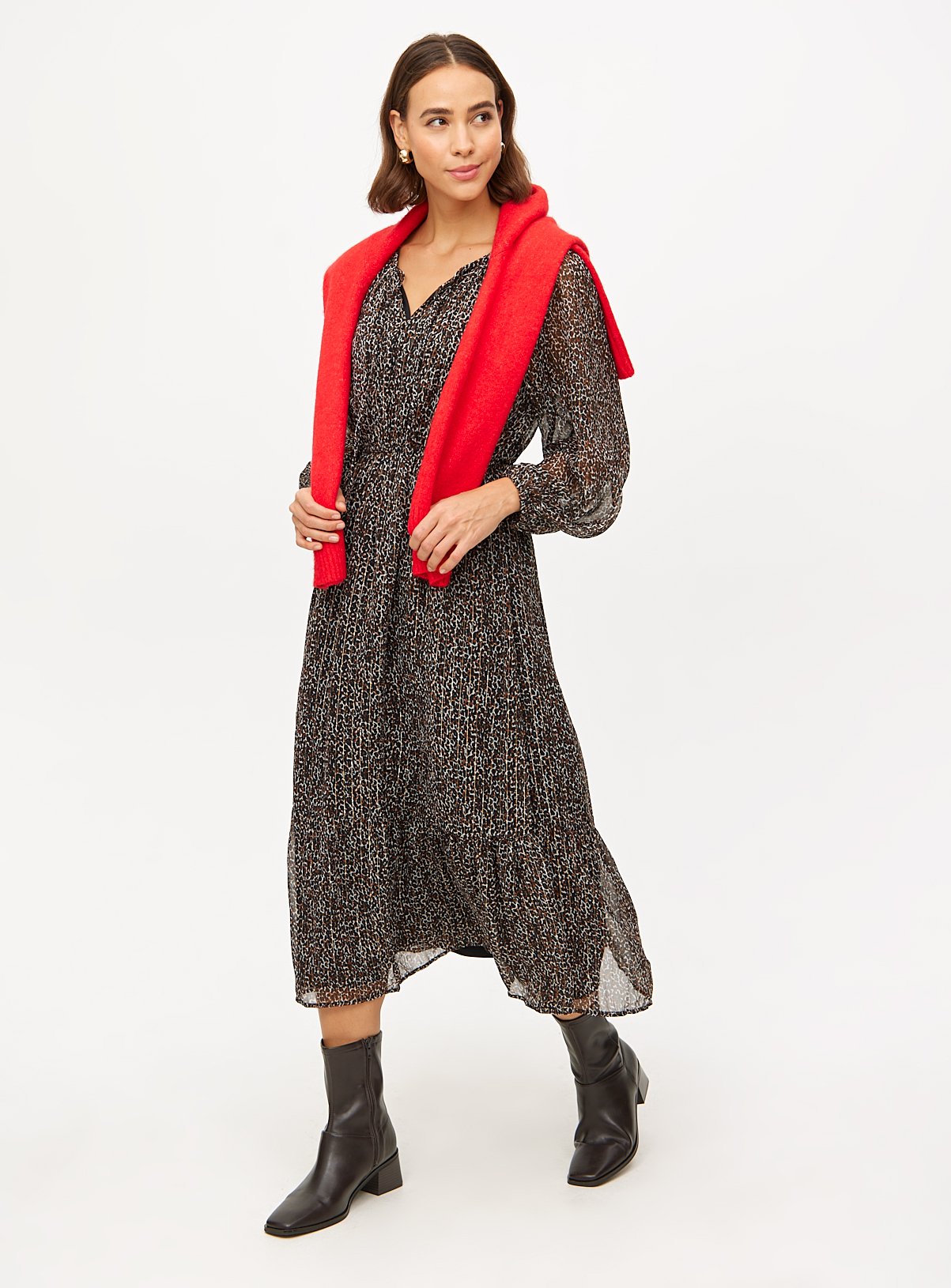 Animal Print Sparkle Detail Midaxi Long Sleeve Dress