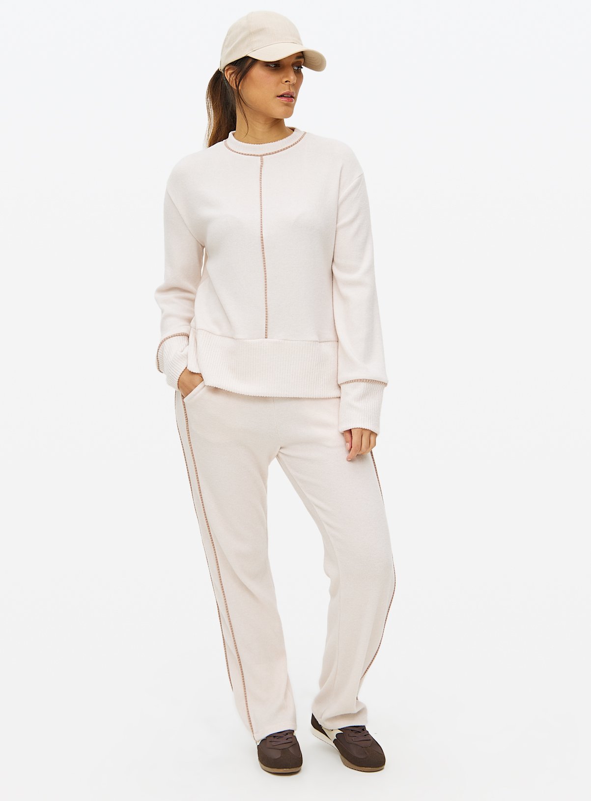 Cream Soft Touch Piping Coord Straight Leg Joggers 