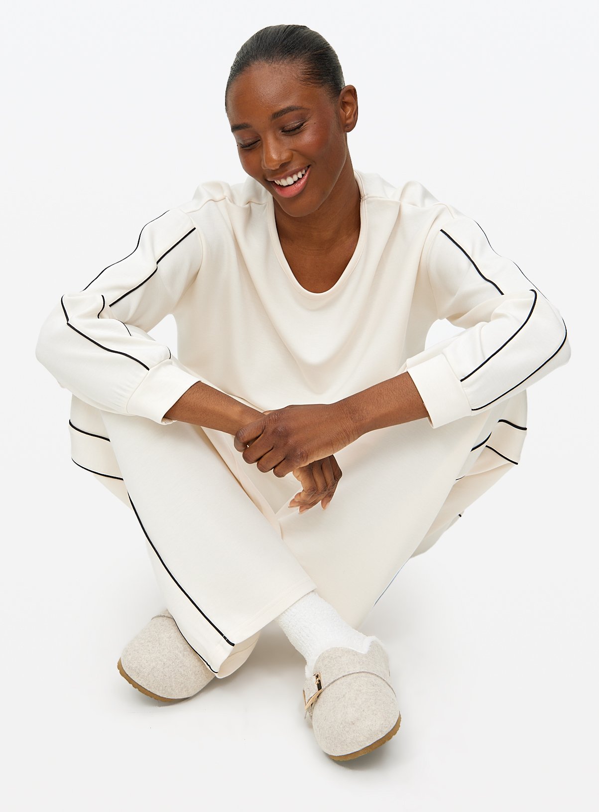 Cream Contrast Piping Scuba Co-ord Pyjama Top 