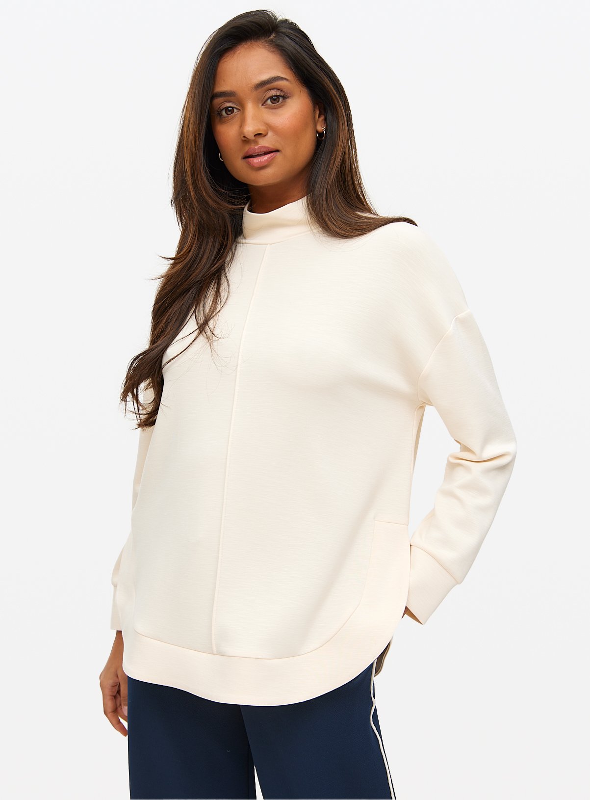 Cream Funnel Neck Seam Detail Sweatshirt 
