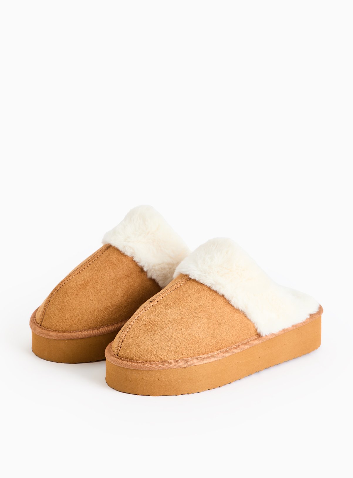 Brown Faux Fur Cuff Platform Mule Slippers