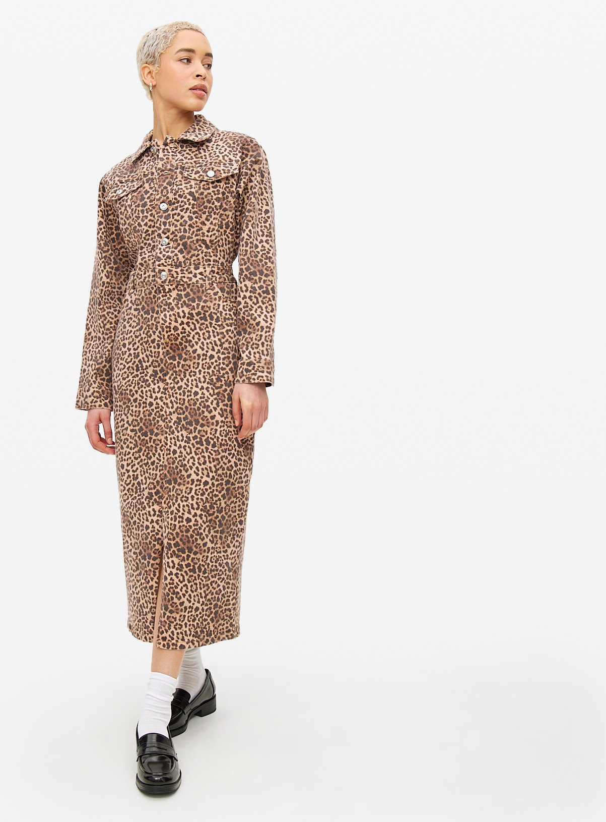 Brown Leopard Printed Denim Shirt Dress