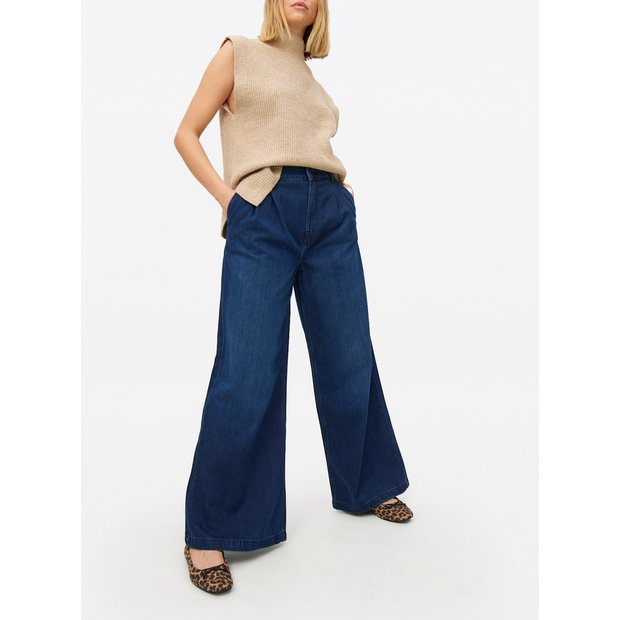 Buy Dark Rinse Pleated Ultra Wide Leg Denim Jeans 10L | Jeans | Argos