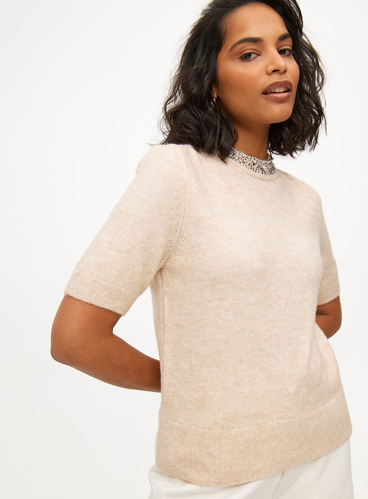 Rhinestone Detail Short Sleeve Knitted Top 