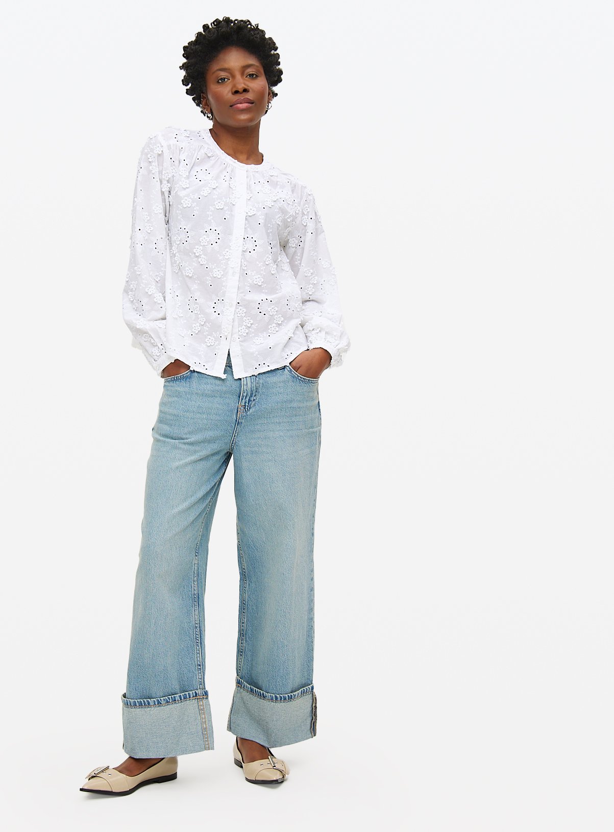 Light Rinse Denim Baggy Wide Turn Up Jeans 14S