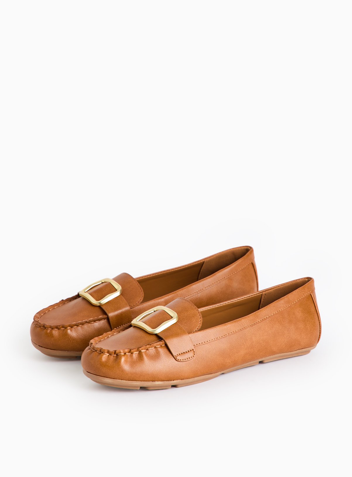 Tan Buckle Faux Leather Driving Loafers 