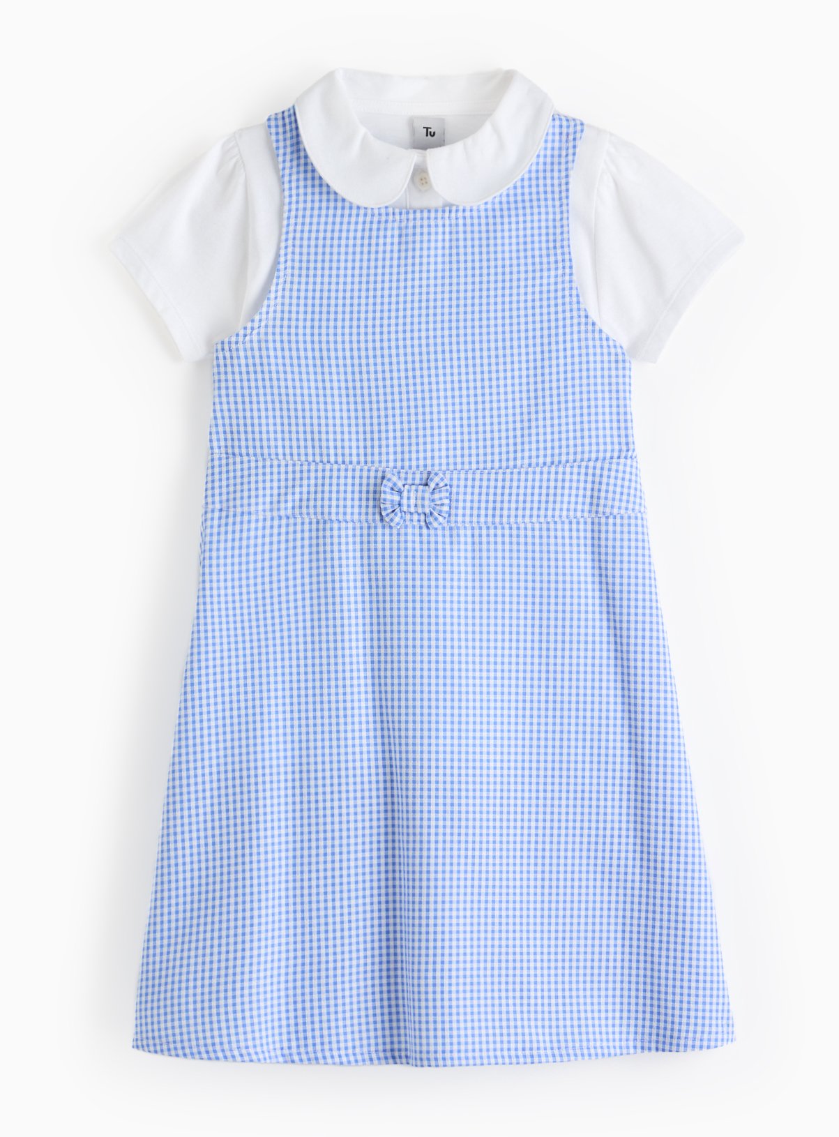 Blue Gingham Pinafore Dress with White Polo Shirt 