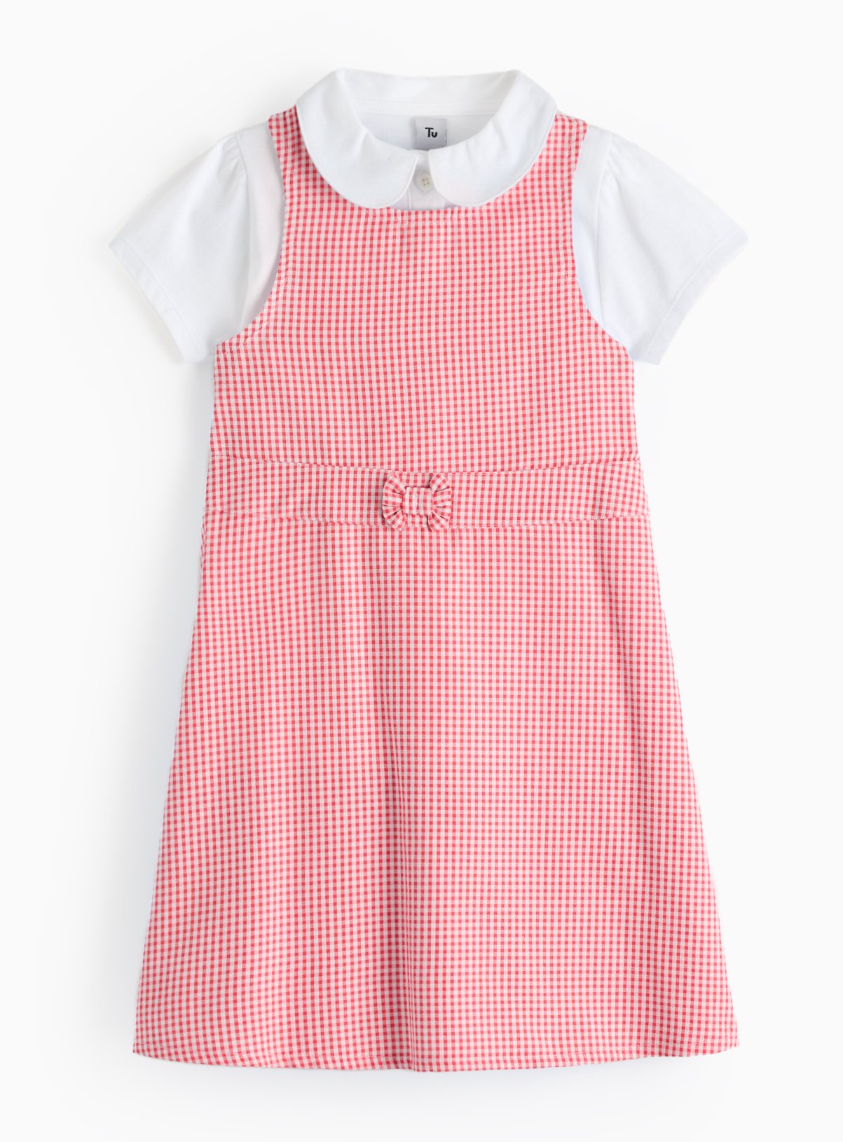Red Gingham Pinafore Dress With White Polo Shirt