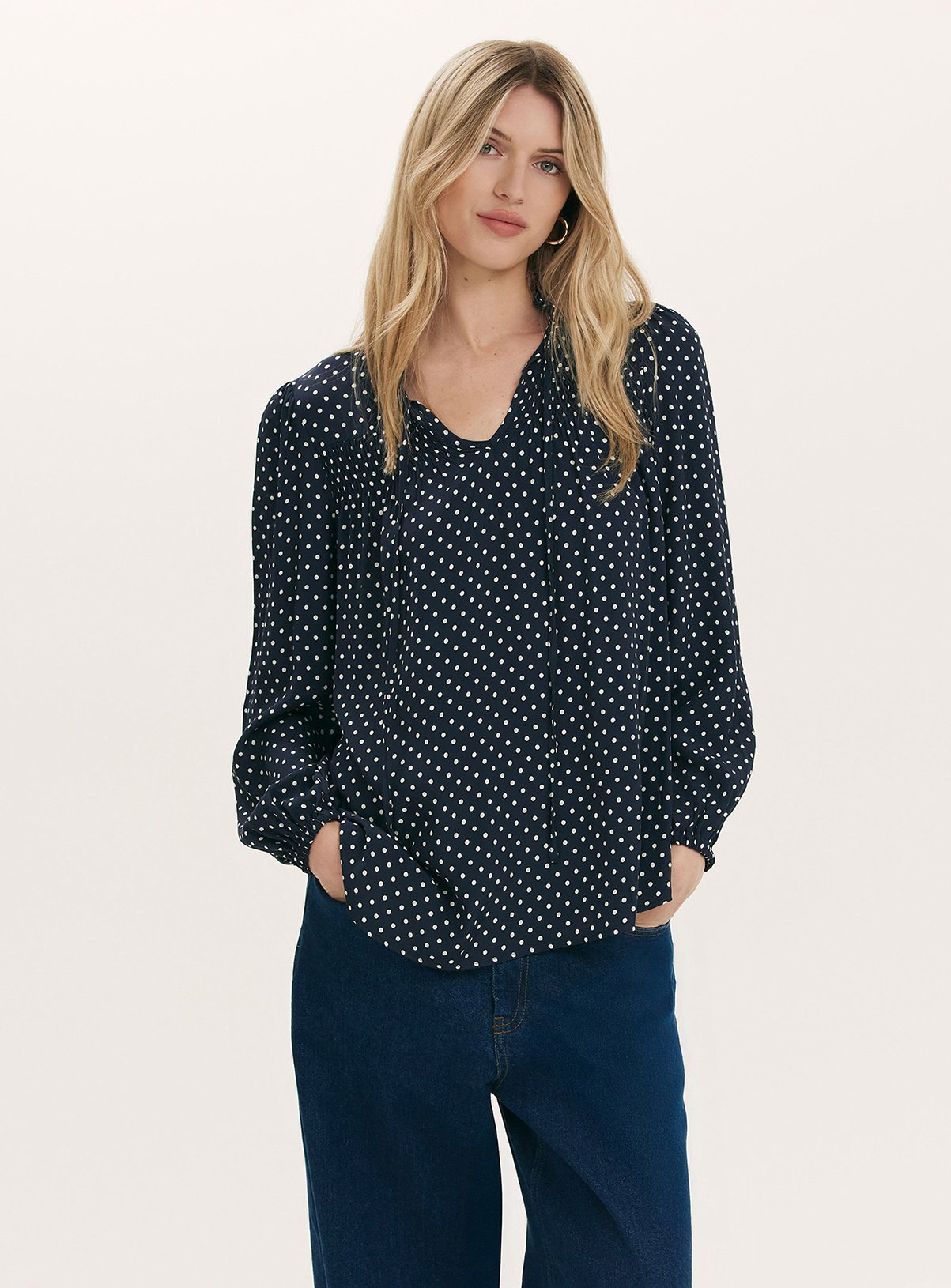 FINERY Kiya Blouse Navy Spot Print