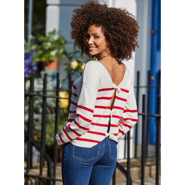 Buy SOSANDAR Red White Stripe Bow Back Detail Jumper L Jumpers Tu