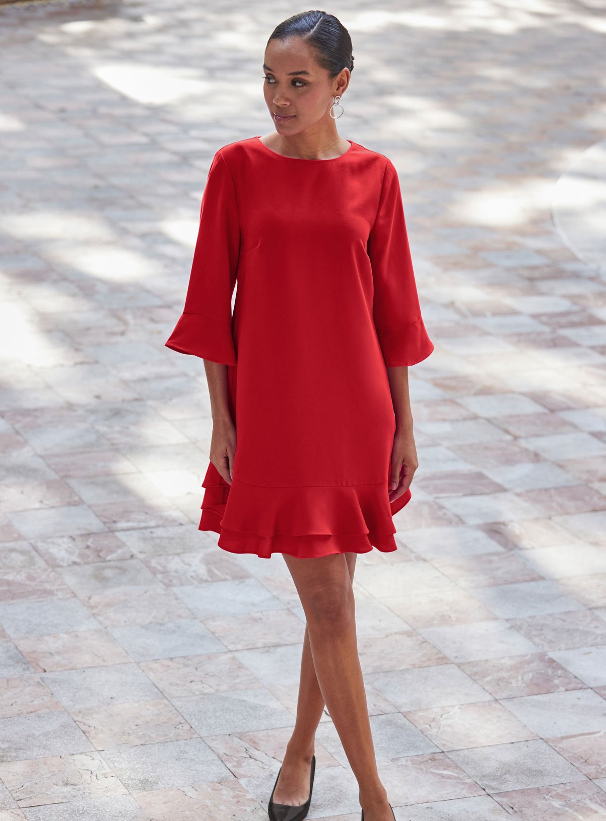 SOSANDAR Red Ruffle Hem Shift Dress 14