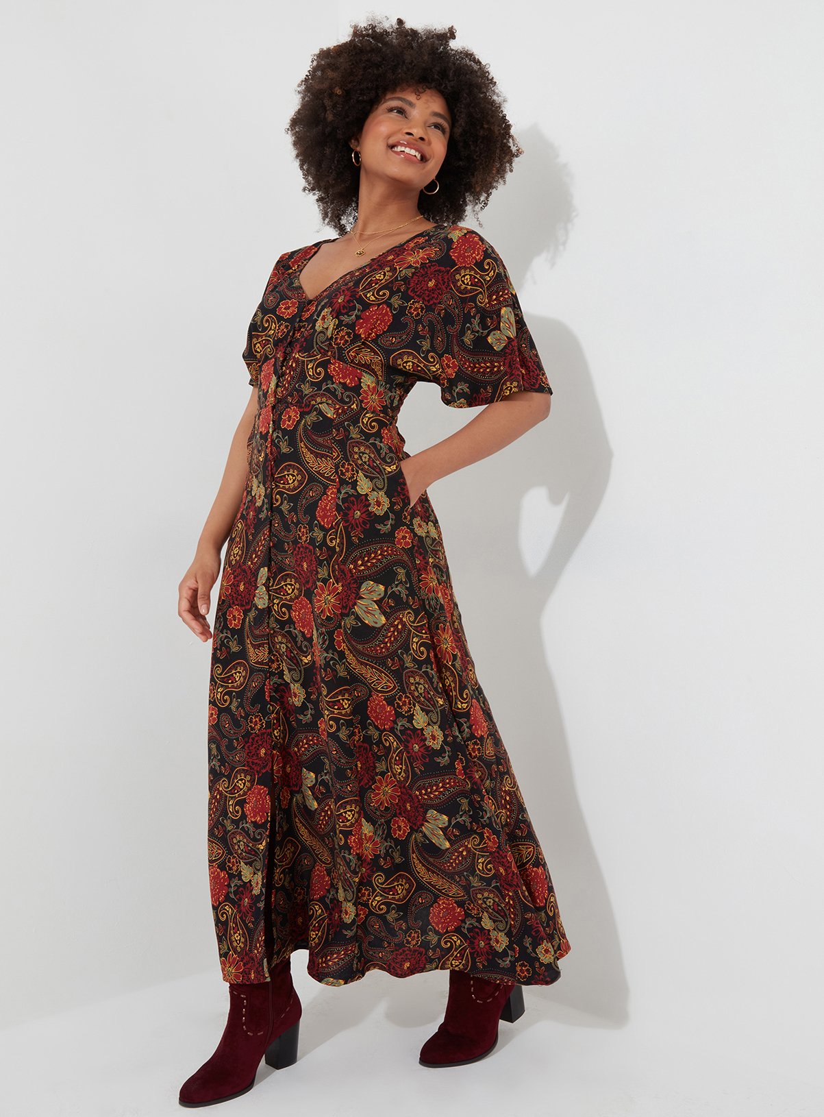 JOE BROWNS Dark Autumn Floral Wide Sleeve Button Through Maxi Dress 