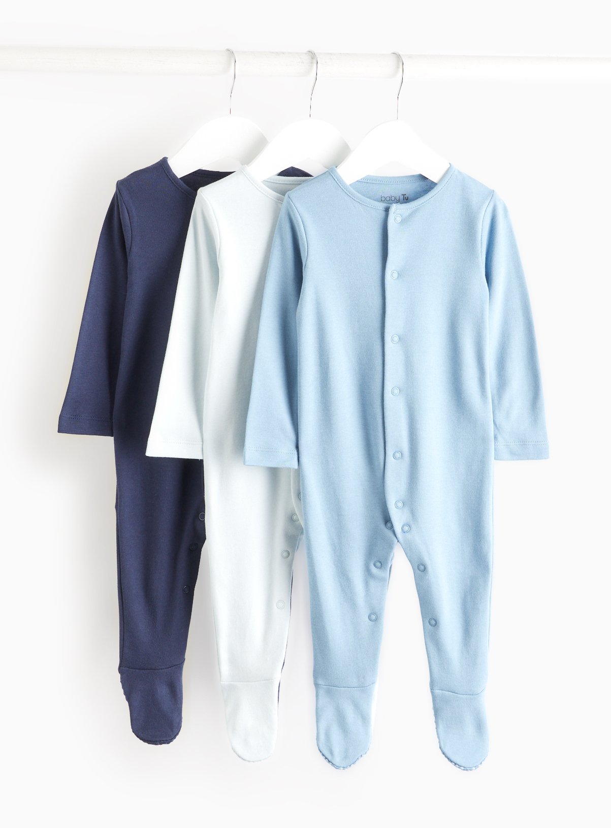 Plain Blue Long Sleeve Sleepsuits 3 Pack 
