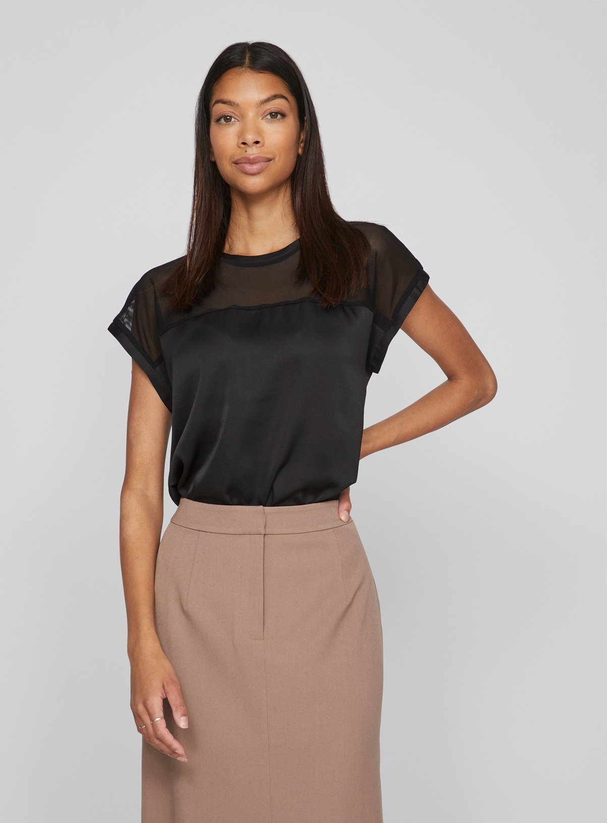 VILA Satin Top With Mesh Panel 