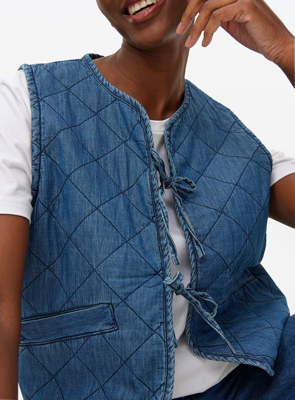 Denim Look Tie-Front Quilted Waistcoat 